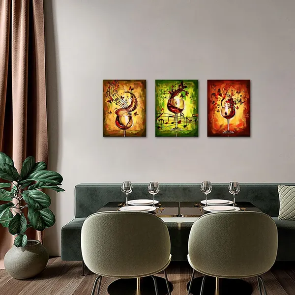 Multicolor_Framed_Ready_To_Hang_3_Piece_Canvas_Wall_Art_-_12X16_Inch_Panels,_Red_Wine_Glass_And_Music_Note_Abstract_Rustic_Painting,_Giclee_Prints_|_For_Kitchen,_Bar,_And_Dining_Room_Decor