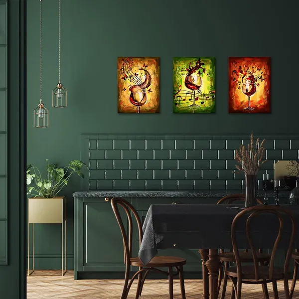 Multicolor_Framed_Ready_To_Hang_3_Piece_Canvas_Wall_Art_-_12X16_Inch_Panels,_Red_Wine_Glass_And_Music_Note_Abstract_Rustic_Painting,_Giclee_Prints_|_For_Kitchen,_Bar,_And_Dining_Room_Decor
