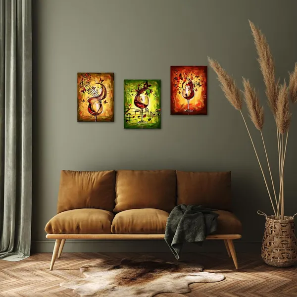 Multicolor_Framed_Ready_To_Hang_3_Piece_Canvas_Wall_Art_-_12X16_Inch_Panels,_Red_Wine_Glass_And_Music_Note_Abstract_Rustic_Painting,_Giclee_Prints_|_For_Kitchen,_Bar,_And_Dining_Room_Decor