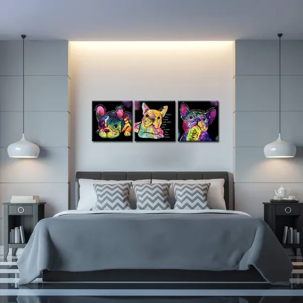 Black_Colorful_Dog_Canvas_Prints_Animal_Paintings_Cute_French_Bulldog_Wall_Art_Pop_Art_Canvas_Quotes_Giclee_Print_Home_Decorations_|_For_Living_Room_Bedroom_Stretched_And_Framed_Ready_To_Hang