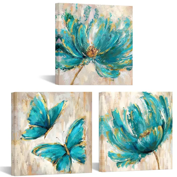 Multicolor_3_Pieces_Teal_Flower_And_Butterfly_Canvas_Prints_Floral_Oil_Painting_Gold_Blue_Wall_Art_|_For_Bathroom_Bedroom_Ready_To_Hang_Each_Size_12X12_Inches