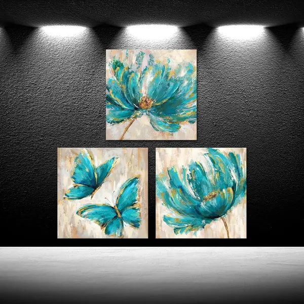 Multicolor_3_Pieces_Teal_Flower_And_Butterfly_Canvas_Prints_Floral_Oil_Painting_Gold_Blue_Wall_Art_|_For_Bathroom_Bedroom_Ready_To_Hang_Each_Size_12X12_Inches