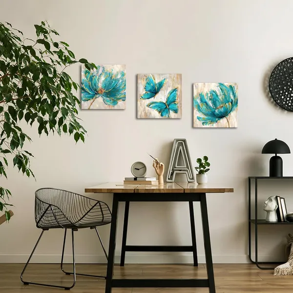 Multicolor_3_Pieces_Teal_Flower_And_Butterfly_Canvas_Prints_Floral_Oil_Painting_Gold_Blue_Wall_Art_|_For_Bathroom_Bedroom_Ready_To_Hang_Each_Size_12X12_Inches