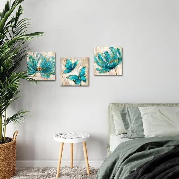 Multicolor_3_Pieces_Teal_Flower_And_Butterfly_Canvas_Prints_Floral_Oil_Painting_Gold_Blue_Wall_Art_|_For_Bathroom_Bedroom_Ready_To_Hang_Each_Size_12X12_Inches