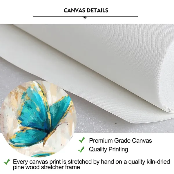 Multicolor_3_Pieces_Teal_Flower_And_Butterfly_Canvas_Prints_Floral_Oil_Painting_Gold_Blue_Wall_Art_|_For_Bathroom_Bedroom_Ready_To_Hang_Each_Size_12X12_Inches