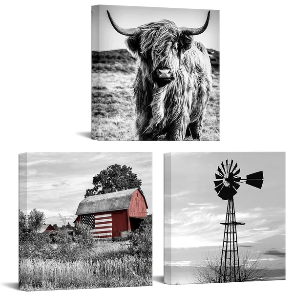Black_Black_And_White_Canvas_Set_Of_3_Wall_Art_Prints_Farmhouse_Barn_American_Flag_Highland_Cow_And_Windmill_Pictures_Rustic_Farm_Countryside_Framed_Artwork_Ready_To_Hang_Each_Panel_20X20_(Large)