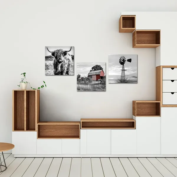 Black_Black_And_White_Canvas_Set_Of_3_Wall_Art_Prints_Farmhouse_Barn_American_Flag_Highland_Cow_And_Windmill_Pictures_Rustic_Farm_Countryside_Framed_Artwork_Ready_To_Hang_Each_Panel_20X20_(Large)
