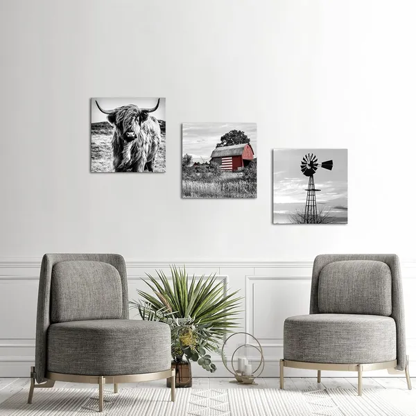 Black_Black_And_White_Canvas_Set_Of_3_Wall_Art_Prints_Farmhouse_Barn_American_Flag_Highland_Cow_And_Windmill_Pictures_Rustic_Farm_Countryside_Framed_Artwork_Ready_To_Hang_Each_Panel_20X20_(Large)