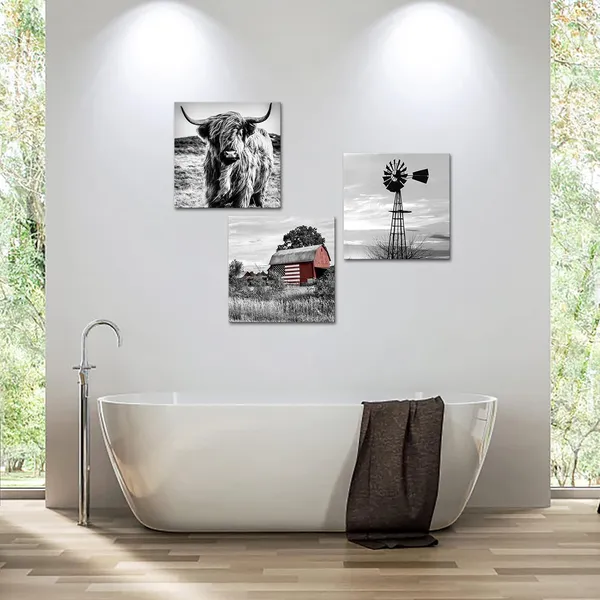 Black_Black_And_White_Canvas_Set_Of_3_Wall_Art_Prints_Farmhouse_Barn_American_Flag_Highland_Cow_And_Windmill_Pictures_Rustic_Farm_Countryside_Framed_Artwork_Ready_To_Hang_Each_Panel_20X20_(Large)