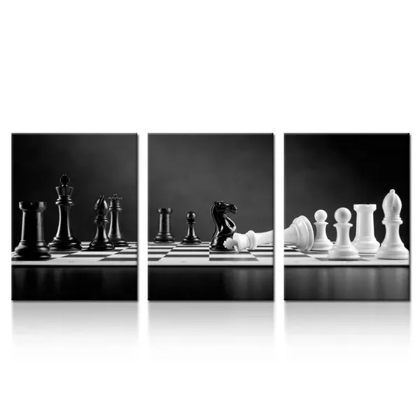 Black_3_Panel_Modern_Black_And_White_Chess_Board_Canvas_Wall_Art_Poster_Prints_Checkmate_Move_On_Chessboard_Pictures_Still_Life_Painting_Framed_Giclee_Artwork_|_For_Office_Decor_12X16Inchx3Pcs