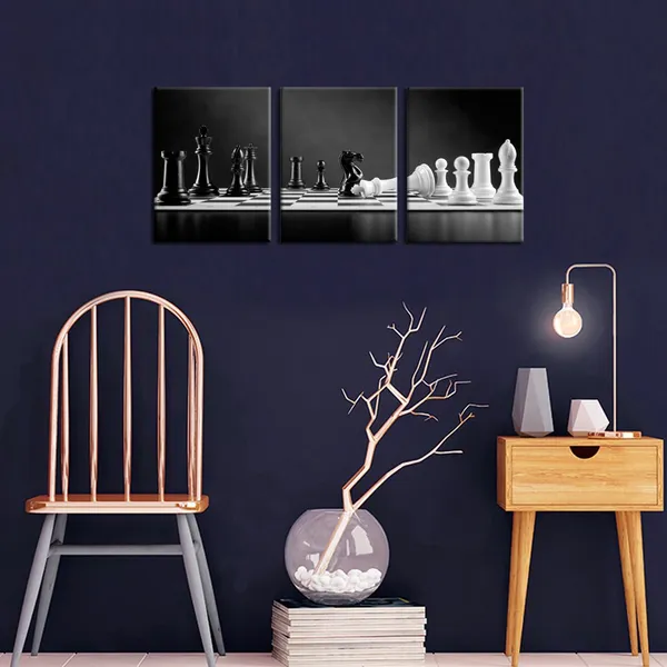 Black_3_Panel_Modern_Black_And_White_Chess_Board_Canvas_Wall_Art_Poster_Prints_Checkmate_Move_On_Chessboard_Pictures_Still_Life_Painting_Framed_Giclee_Artwork_|_For_Office_Decor_12X16Inchx3Pcs