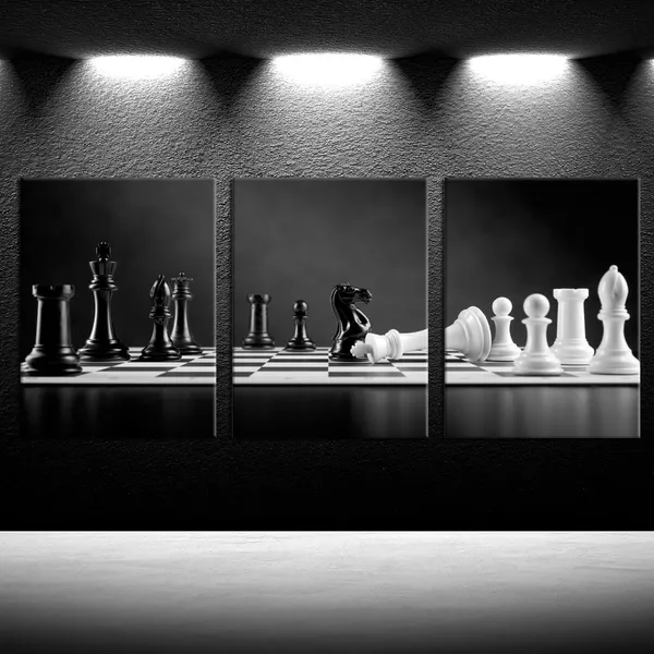 Black_3_Panel_Modern_Black_And_White_Chess_Board_Canvas_Wall_Art_Poster_Prints_Checkmate_Move_On_Chessboard_Pictures_Still_Life_Painting_Framed_Giclee_Artwork_|_For_Office_Decor_12X16Inchx3Pcs