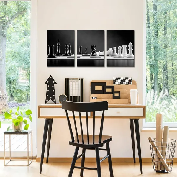 Black_3_Panel_Modern_Black_And_White_Chess_Board_Canvas_Wall_Art_Poster_Prints_Checkmate_Move_On_Chessboard_Pictures_Still_Life_Painting_Framed_Giclee_Artwork_|_For_Office_Decor_12X16Inchx3Pcs