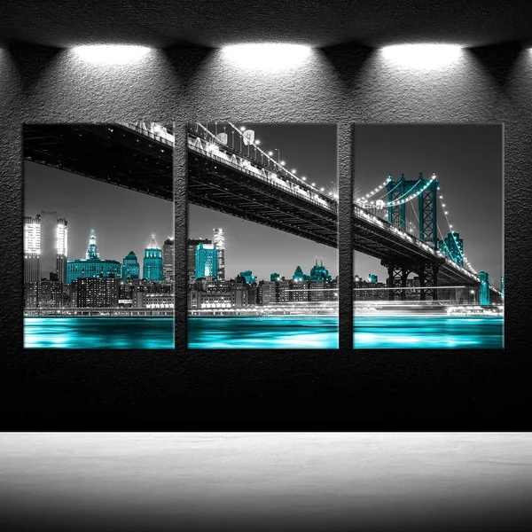 Blue_Black_And_Blue_Canvas_Print_|_For_Home_Decoration_3_Panels_York_City_Manhattan_Skyline_Bridge_At_Night_Landmark_Painting_Wall_Art_Picture_Print_On_Canvas_Modern_Giclee_Artwork_16X24Inx3P