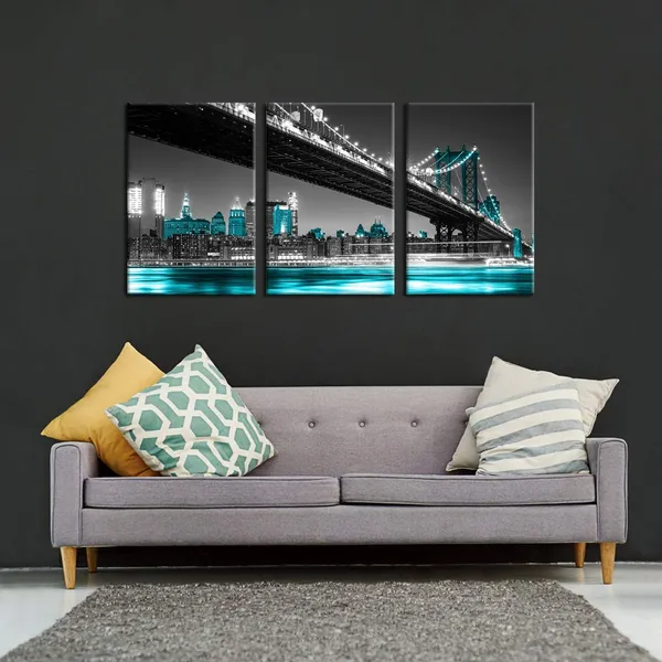Blue_Black_And_Blue_Canvas_Print_|_For_Home_Decoration_3_Panels_York_City_Manhattan_Skyline_Bridge_At_Night_Landmark_Painting_Wall_Art_Picture_Print_On_Canvas_Modern_Giclee_Artwork_16X24Inx3P
