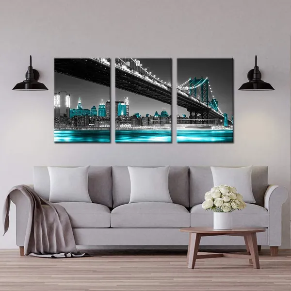 Blue_Black_And_Blue_Canvas_Print_|_For_Home_Decoration_3_Panels_York_City_Manhattan_Skyline_Bridge_At_Night_Landmark_Painting_Wall_Art_Picture_Print_On_Canvas_Modern_Giclee_Artwork_16X24Inx3P