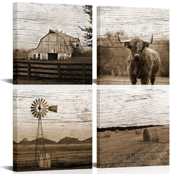 Brown_Sepia_Farmhouse_Canvas_Wall_Art_4_Piece_Set_Highland_Cow,_Barn,_Windmill,_Straw_Bales_Pictures_Vintage_Texas_Longhorn_Cattle_Giclee_Prints_|_For_Living_Room_Decor_12X12_Inches_Each