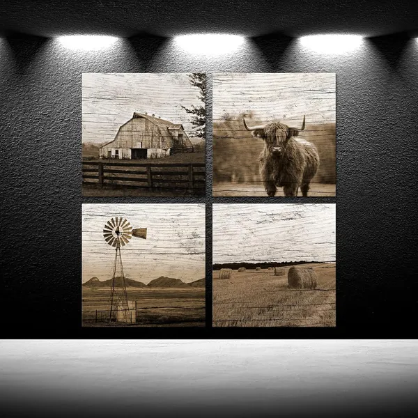 Brown_Sepia_Farmhouse_Canvas_Wall_Art_4_Piece_Set_Highland_Cow,_Barn,_Windmill,_Straw_Bales_Pictures_Vintage_Texas_Longhorn_Cattle_Giclee_Prints_|_For_Living_Room_Decor_12X12_Inches_Each