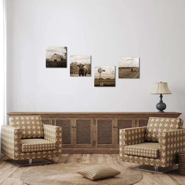 Brown_Sepia_Farmhouse_Canvas_Wall_Art_4_Piece_Set_Highland_Cow,_Barn,_Windmill,_Straw_Bales_Pictures_Vintage_Texas_Longhorn_Cattle_Giclee_Prints_|_For_Living_Room_Decor_12X12_Inches_Each