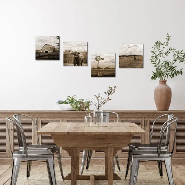 Brown_Sepia_Farmhouse_Canvas_Wall_Art_4_Piece_Set_Highland_Cow,_Barn,_Windmill,_Straw_Bales_Pictures_Vintage_Texas_Longhorn_Cattle_Giclee_Prints_|_For_Living_Room_Decor_12X12_Inches_Each