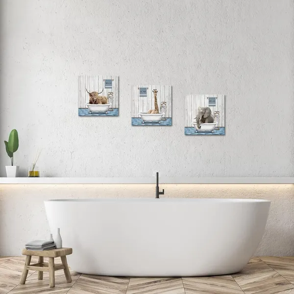 Blue_3_Piece_Vintage_Animal_Wall_Art_Funny_Elephant_Giraffe_And_Highland_Cow_In_Bathtub_Canvas_Pictures_|_For_Bathroom_Decor_Ready_To_Hang_Each_Size_12X12_Inch_(Small)