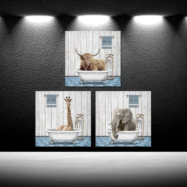 Blue_3_Piece_Vintage_Animal_Wall_Art_Funny_Elephant_Giraffe_And_Highland_Cow_In_Bathtub_Canvas_Pictures_|_For_Bathroom_Decor_Ready_To_Hang_Each_Size_12X12_Inch_(Small)