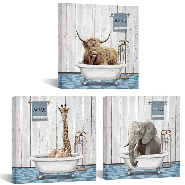 Blue_3_Piece_Vintage_Animal_Wall_Art_Funny_Elephant_Giraffe_And_Highland_Cow_In_Bathtub_Canvas_Pictures_|_For_Bathroom_Decor_Ready_To_Hang_Each_Size_12X12_Inch_(Small)