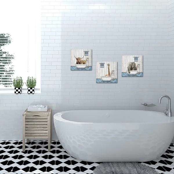 Blue_3_Piece_Vintage_Animal_Wall_Art_Funny_Elephant_Giraffe_And_Highland_Cow_In_Bathtub_Canvas_Pictures_|_For_Bathroom_Decor_Ready_To_Hang_Each_Size_12X12_Inch_(Small)
