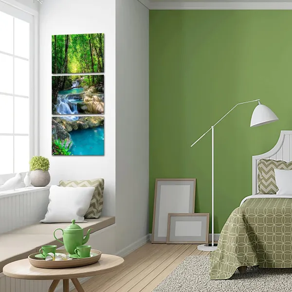 Green_3_Piece_Canvas_Wall_Art_Nature_Landscape_Pictures_Green_|_Forest_Waterfall_Poster_Canvas_Prints_Framed_Artwork_Spa_Bathroom_Bathroom_Room_Decor_12X16Inchx3Pcs