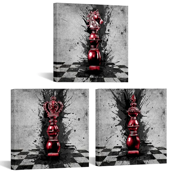 Multicolor_Black_And_Red_Abstract_Chess_Canvas_Wall_Art_-_3_Piece_King_And_Knight_Game_Pictures_Decor,_12X12_Inch_Stretched_Paintings_|_For_Bedroom_And_Living_Room