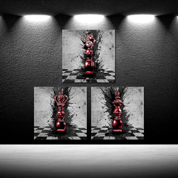 Multicolor_Black_And_Red_Abstract_Chess_Canvas_Wall_Art_-_3_Piece_King_And_Knight_Game_Pictures_Decor,_12X12_Inch_Stretched_Paintings_|_For_Bedroom_And_Living_Room