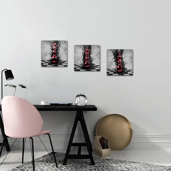 Multicolor_Black_And_Red_Abstract_Chess_Canvas_Wall_Art_-_3_Piece_King_And_Knight_Game_Pictures_Decor,_12X12_Inch_Stretched_Paintings_|_For_Bedroom_And_Living_Room