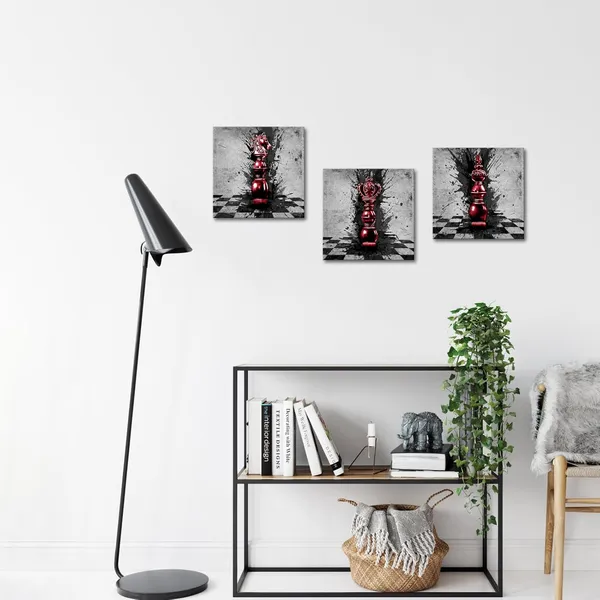 Multicolor_Black_And_Red_Abstract_Chess_Canvas_Wall_Art_-_3_Piece_King_And_Knight_Game_Pictures_Decor,_12X12_Inch_Stretched_Paintings_|_For_Bedroom_And_Living_Room