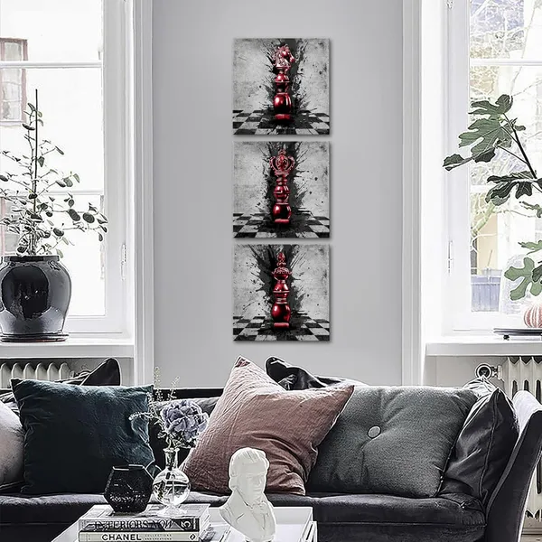 Multicolor_Black_And_Red_Abstract_Chess_Canvas_Wall_Art_-_3_Piece_King_And_Knight_Game_Pictures_Decor,_12X12_Inch_Stretched_Paintings_|_For_Bedroom_And_Living_Room