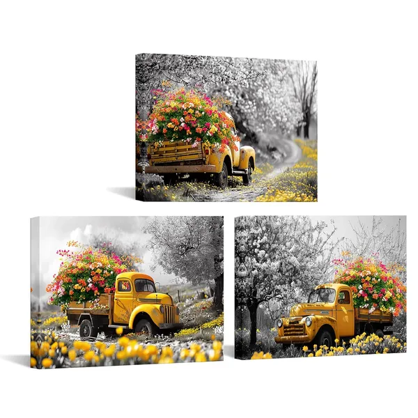 Multicolor_3Pcs_Farmhouse_Wall_Art_-_Black_And_Yellow_Farm_Truck_With_Flowers,_Rustic_Canvas_Prints,_12X16''_Each,_Framed_Decor_|_For_Living_Room,_Bathroom,_Bedroom