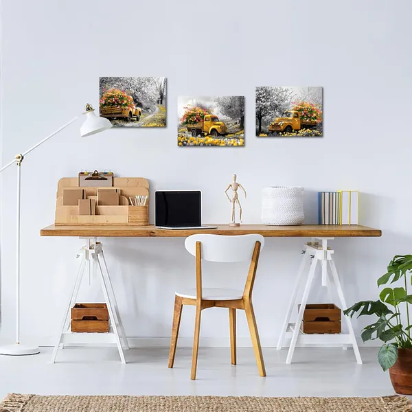 Multicolor_3Pcs_Farmhouse_Wall_Art_-_Black_And_Yellow_Farm_Truck_With_Flowers,_Rustic_Canvas_Prints,_12X16''_Each,_Framed_Decor_|_For_Living_Room,_Bathroom,_Bedroom