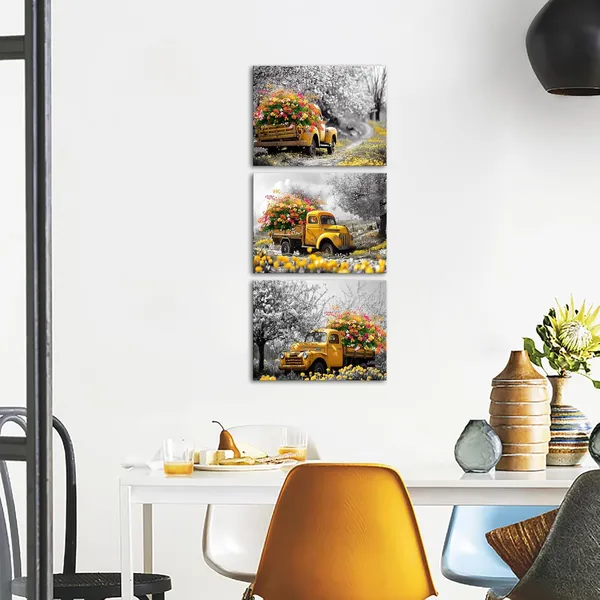 Multicolor_3Pcs_Farmhouse_Wall_Art_-_Black_And_Yellow_Farm_Truck_With_Flowers,_Rustic_Canvas_Prints,_12X16''_Each,_Framed_Decor_|_For_Living_Room,_Bathroom,_Bedroom
