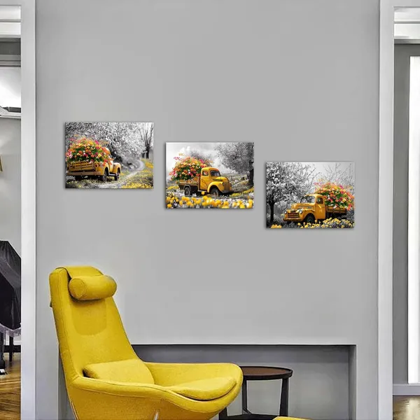 Multicolor_3Pcs_Farmhouse_Wall_Art_-_Black_And_Yellow_Farm_Truck_With_Flowers,_Rustic_Canvas_Prints,_12X16''_Each,_Framed_Decor_|_For_Living_Room,_Bathroom,_Bedroom