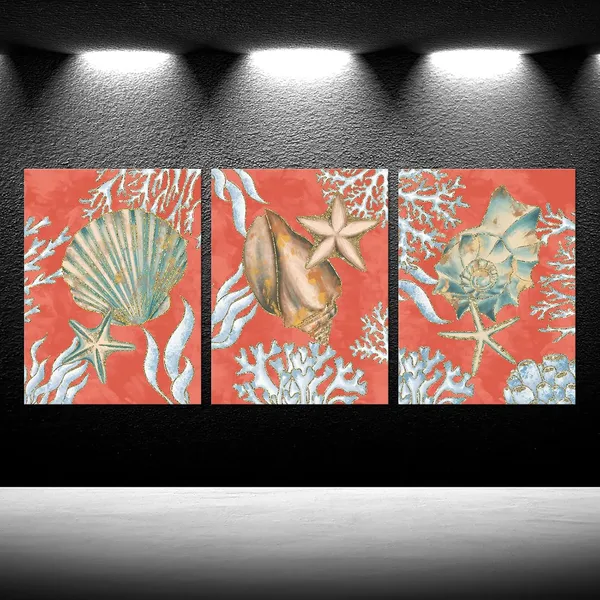 Orange_Seashell_Wall_Art_Set_-_3_Piece_Orange_Bathroom_Canvas_Prints,_Ocean_Themed_Coral_Coastal_Decor,_Nautical_Beach_Pictures,_Stretched_And_Framed_Artwork_|_For_Home,_Bedroom,_Living_Room_Decoration_Each12X16_Inches