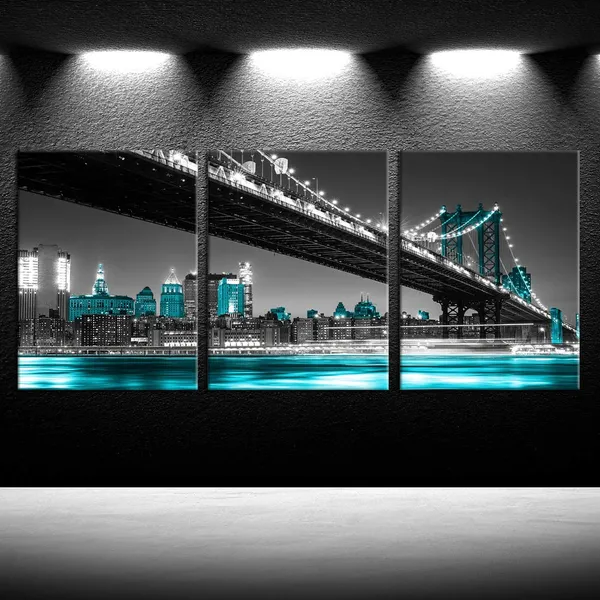 Blue_3_Panel_Modern_Black_White_And_Blue_York_City_Wall_Art_Manhattan_Skyline_Bridge_At_Night_Pictures_On_Canvas_Print_Painting_Home_Decoration_Framed_Art_Work_|_For_Living_Room_12X16Inchx3Pcs