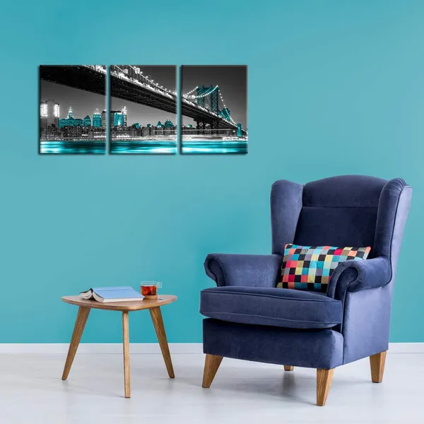 Blue_3_Panel_Modern_Black_White_And_Blue_York_City_Wall_Art_Manhattan_Skyline_Bridge_At_Night_Pictures_On_Canvas_Print_Painting_Home_Decoration_Framed_Art_Work_|_For_Living_Room_12X16Inchx3Pcs