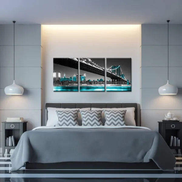 Blue_3_Panel_Modern_Black_White_And_Blue_York_City_Wall_Art_Manhattan_Skyline_Bridge_At_Night_Pictures_On_Canvas_Print_Painting_Home_Decoration_Framed_Art_Work_|_For_Living_Room_12X16Inchx3Pcs