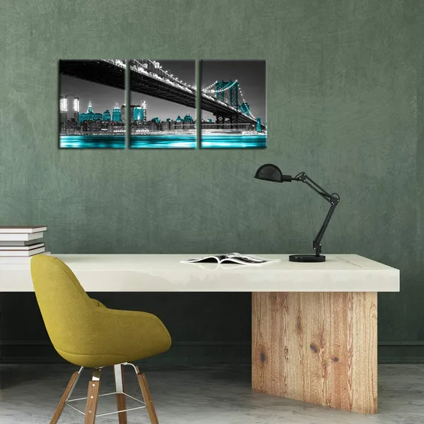 Blue_3_Panel_Modern_Black_White_And_Blue_York_City_Wall_Art_Manhattan_Skyline_Bridge_At_Night_Pictures_On_Canvas_Print_Painting_Home_Decoration_Framed_Art_Work_|_For_Living_Room_12X16Inchx3Pcs