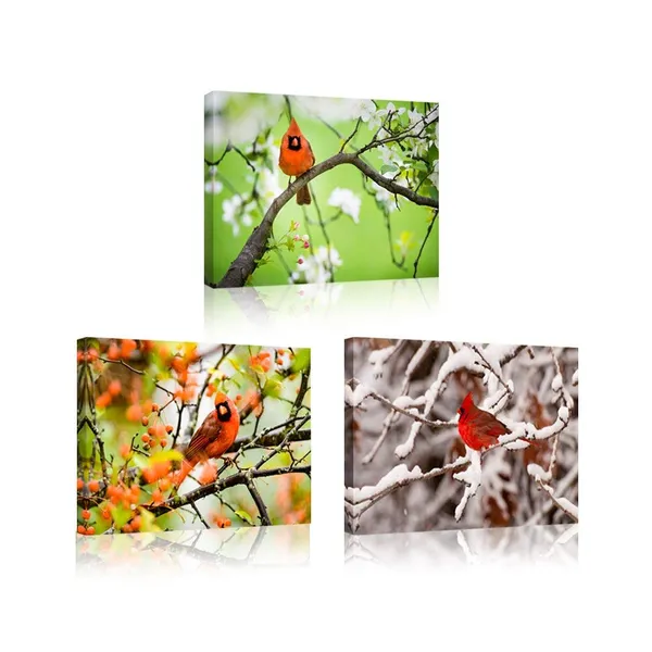 Multicolor_3_Pieces_Canvas_Wall_Art_Northern_Cardinal_Perched_In_A_Tree_Photograph_Printed_On_Canvas_Animal_Poster_Giclee_Artwork_Ready_To_Hang_|_For_Home_Wall_Decoration_12X16Inchx3Pcs