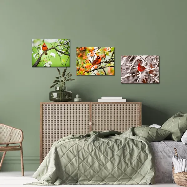 Multicolor_3_Pieces_Canvas_Wall_Art_Northern_Cardinal_Perched_In_A_Tree_Photograph_Printed_On_Canvas_Animal_Poster_Giclee_Artwork_Ready_To_Hang_|_For_Home_Wall_Decoration_12X16Inchx3Pcs