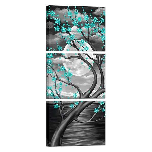 Green_3_Panel_Full_Moon_Flower_Canvas_Painting_Wall_Art_Teal_Floral_With_Tree_Branches_Picture_Wall_Decor_Landscape_Modern_Painting_Canvas_Prints_Framed_Artwork_12X16X3Pcs_(Green)