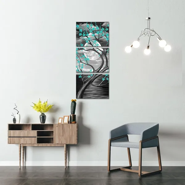 Green_3_Panel_Full_Moon_Flower_Canvas_Painting_Wall_Art_Teal_Floral_With_Tree_Branches_Picture_Wall_Decor_Landscape_Modern_Painting_Canvas_Prints_Framed_Artwork_12X16X3Pcs_(Green)