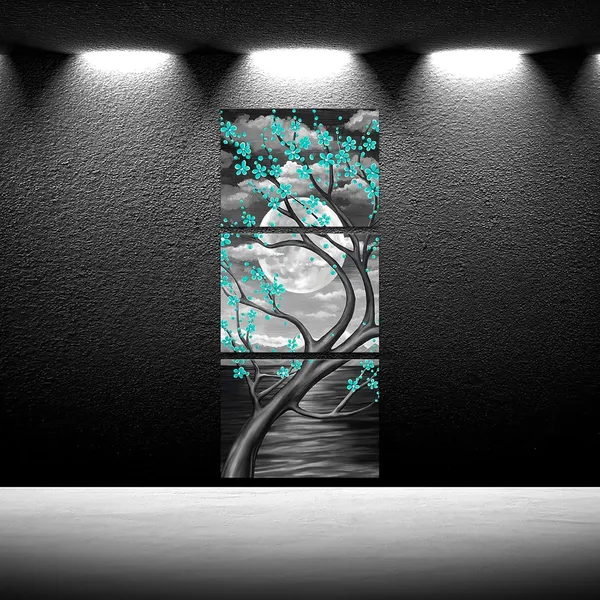 Green_3_Panel_Full_Moon_Flower_Canvas_Painting_Wall_Art_Teal_Floral_With_Tree_Branches_Picture_Wall_Decor_Landscape_Modern_Painting_Canvas_Prints_Framed_Artwork_12X16X3Pcs_(Green)