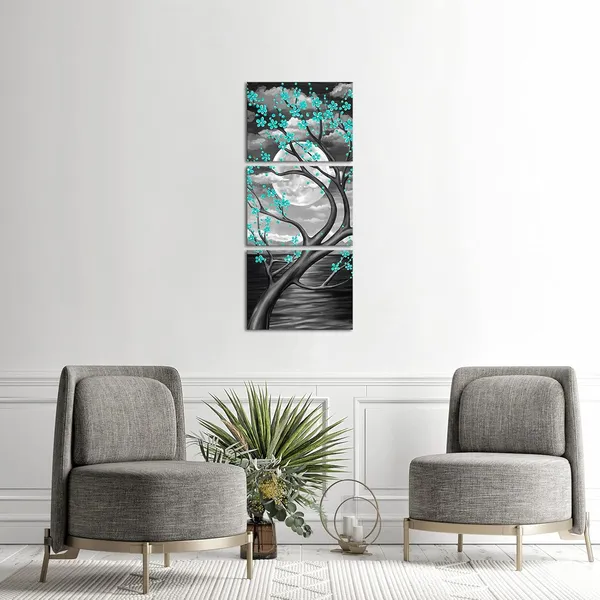Green_3_Panel_Full_Moon_Flower_Canvas_Painting_Wall_Art_Teal_Floral_With_Tree_Branches_Picture_Wall_Decor_Landscape_Modern_Painting_Canvas_Prints_Framed_Artwork_12X16X3Pcs_(Green)