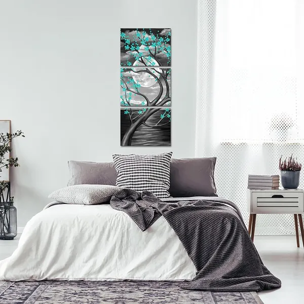 Green_3_Panel_Full_Moon_Flower_Canvas_Painting_Wall_Art_Teal_Floral_With_Tree_Branches_Picture_Wall_Decor_Landscape_Modern_Painting_Canvas_Prints_Framed_Artwork_12X16X3Pcs_(Green)